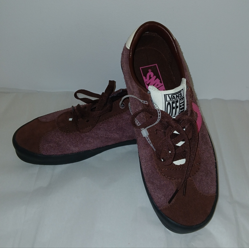 SOLD Vans Sport Low Skate Shoes Suede & Leather, Brown With Pink V-Stripe - Picture 4 of 10